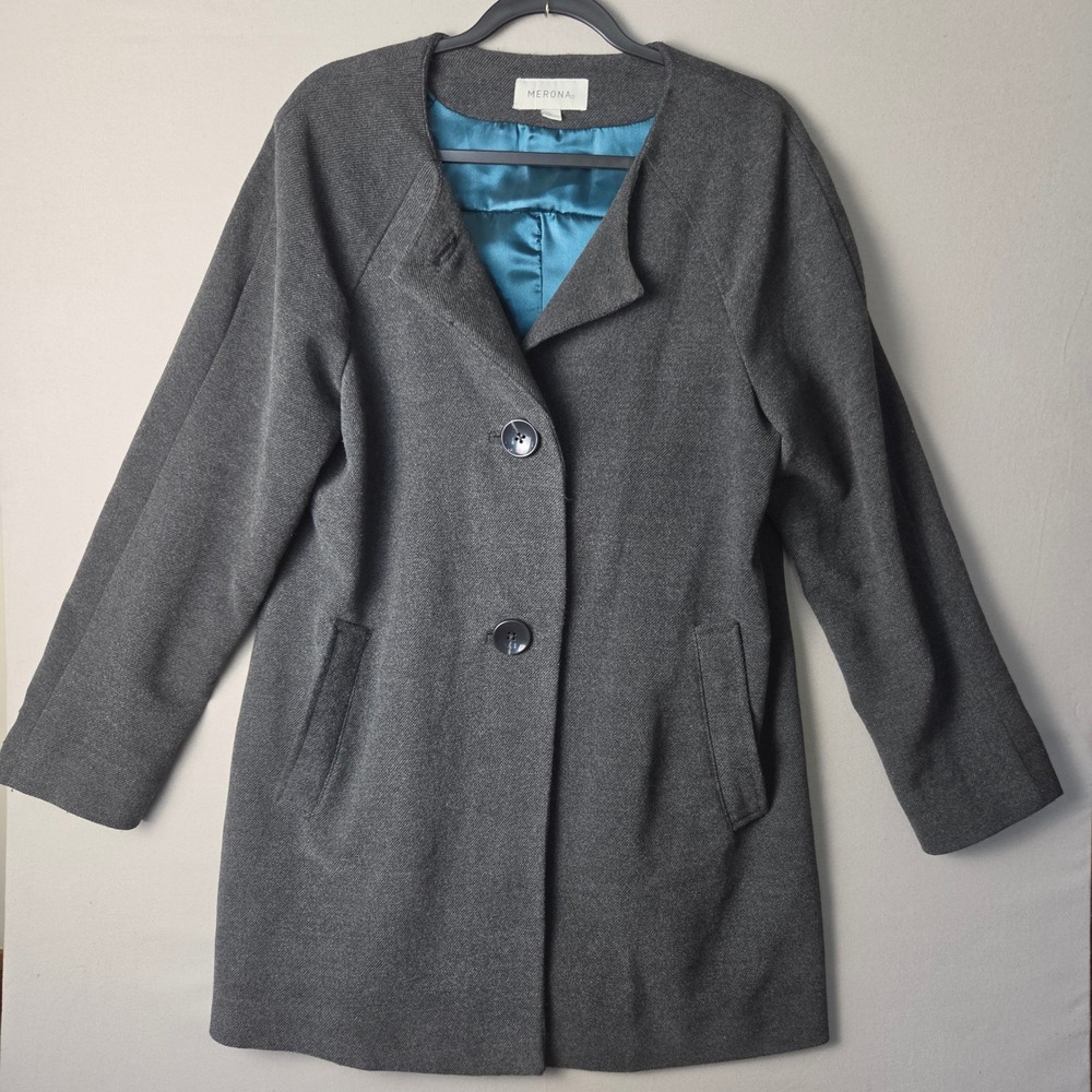Merona Womens Gray Collarless Car Coat Teal Lining Raglan Sleeve Size L